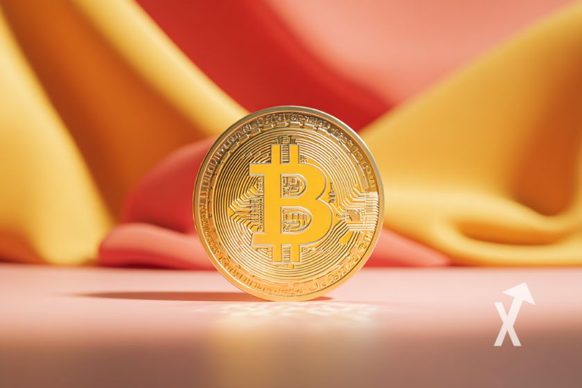 Yellow Bitcoin coin on pink background with red and yellow wavy fabrics.