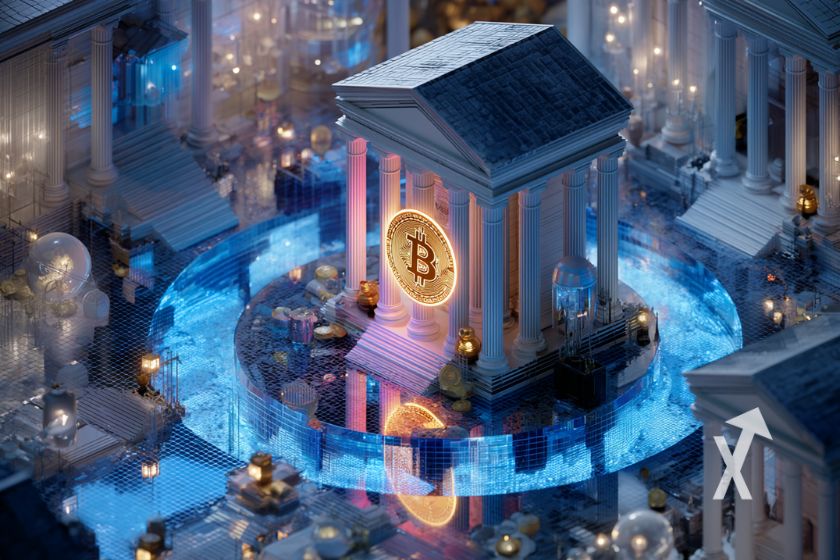 "Institutional bank with a Bitcoin on a blue background"