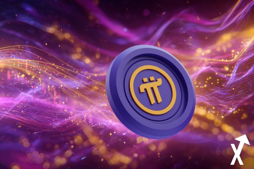 "Purple and yellow waves of Pi cryptocurrency"