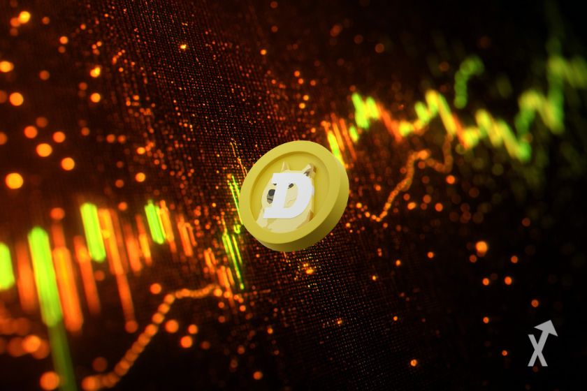 "A green and orange technical chart with a yellow DOGECOIN token in the background"
