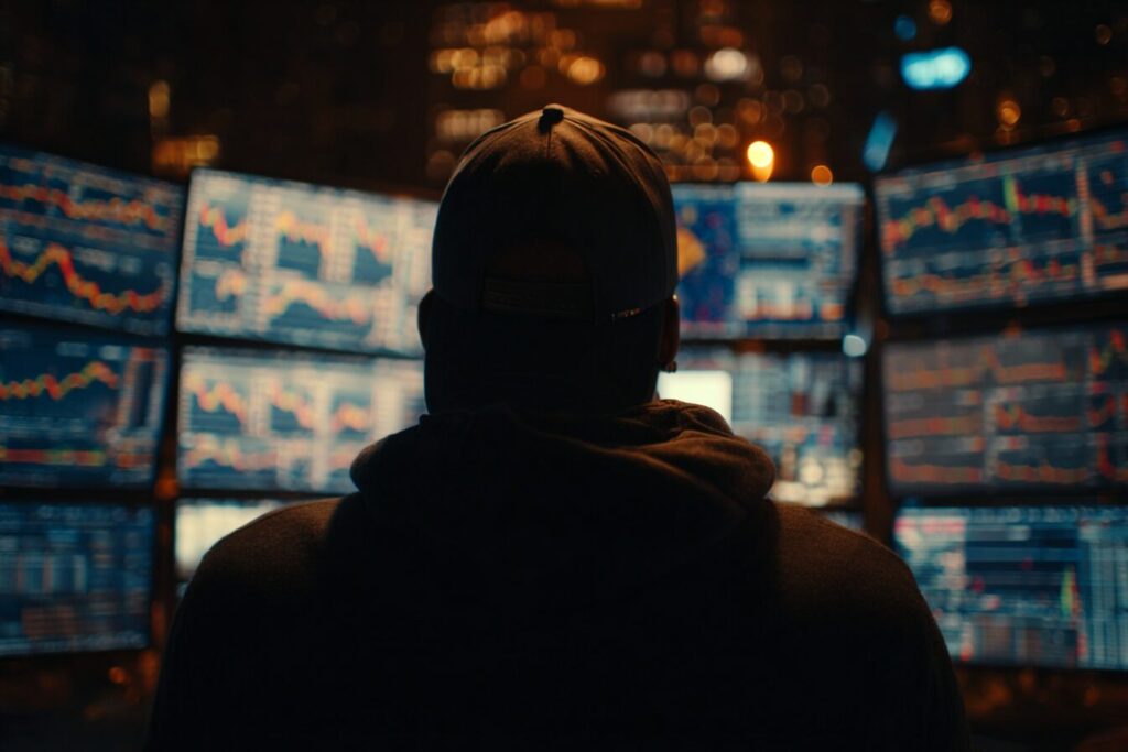 crypto fraudster dark background multi screens