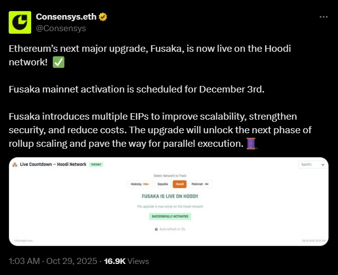 tweet about ethereum's Fusaka update