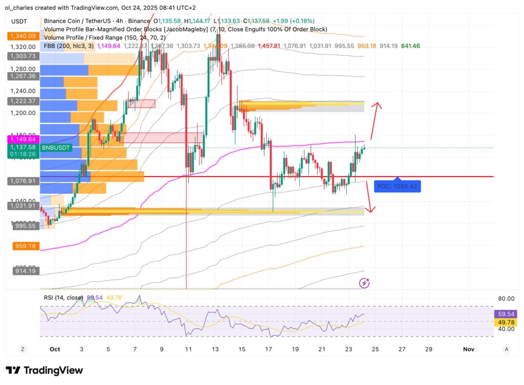 BNB price chart with FBB and VPFR on 4-hour timeframe