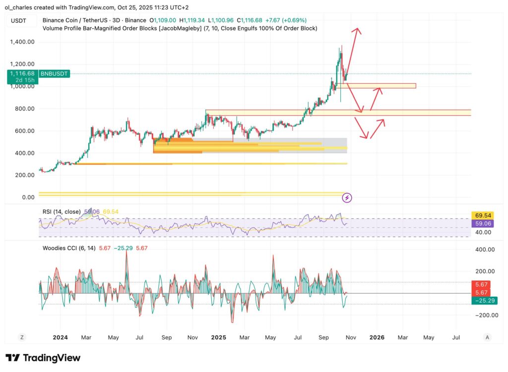 BNB chart in 3-day timeframe with Order Blocks, price direction arrows, and RSI and Woodies CCI indicators