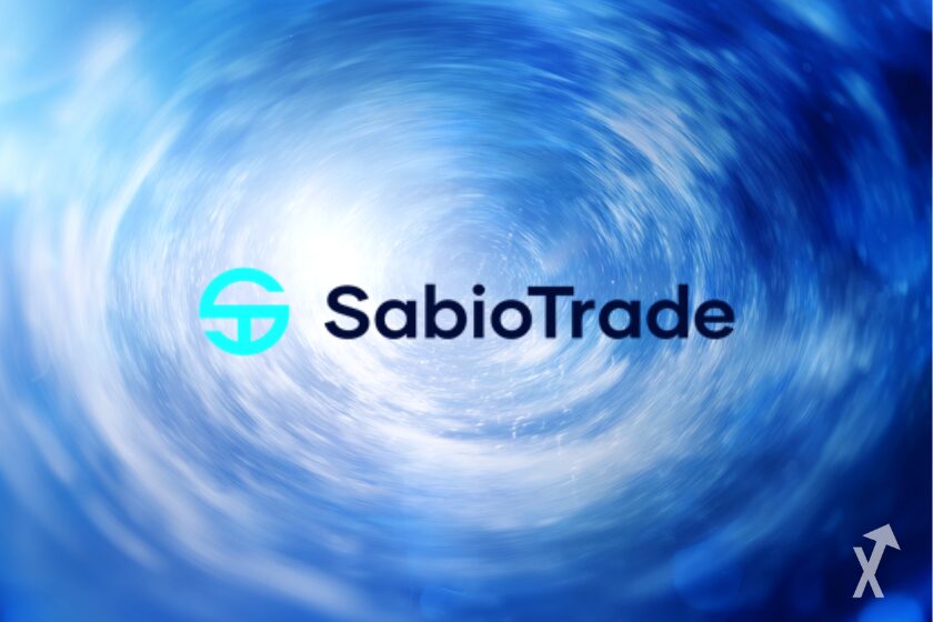 Sabiotrade logo illustration on blue and white background