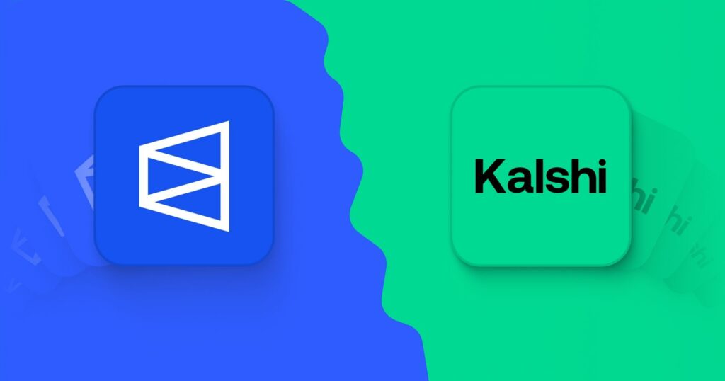 Polymarket blue banner with kalshi logo in green