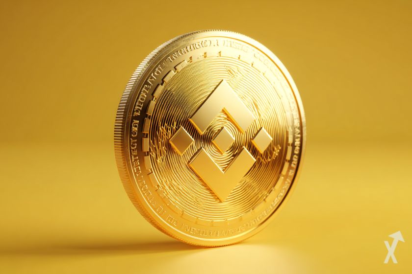 Shining golden Binance BNB coin on yellow background.