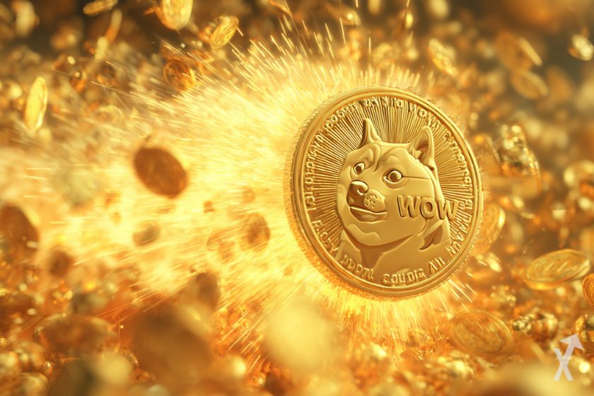 Golden, glowing 3D dogecoin logo.