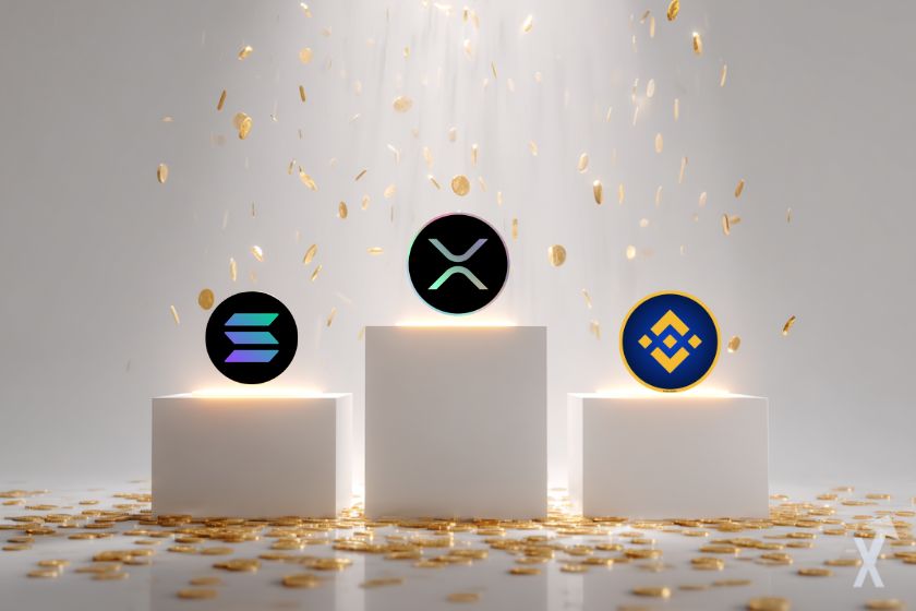 Bright podium with cryptocurrency rain, featuring Solana, XRP, and BNB, on a white background.