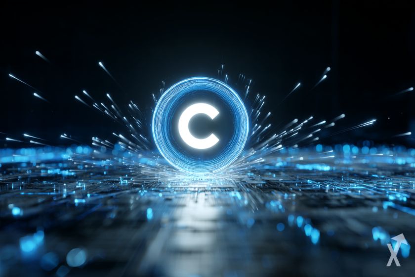 Coinbase logo illuminated with blue and white sparks on a black background.