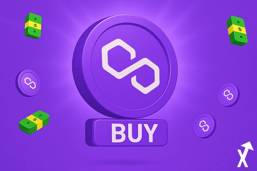 Purple and white Polygon cryptocurrency coin with logo, "BUY" button, purple background with stylized bills floating, symbolizing MATIC purchase and crypto investment.