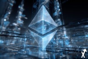 "Ethereum blue logo on blockchain crypto background"
