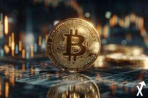 "Bitcoin gold cryptocurrency on green gold trading chart"