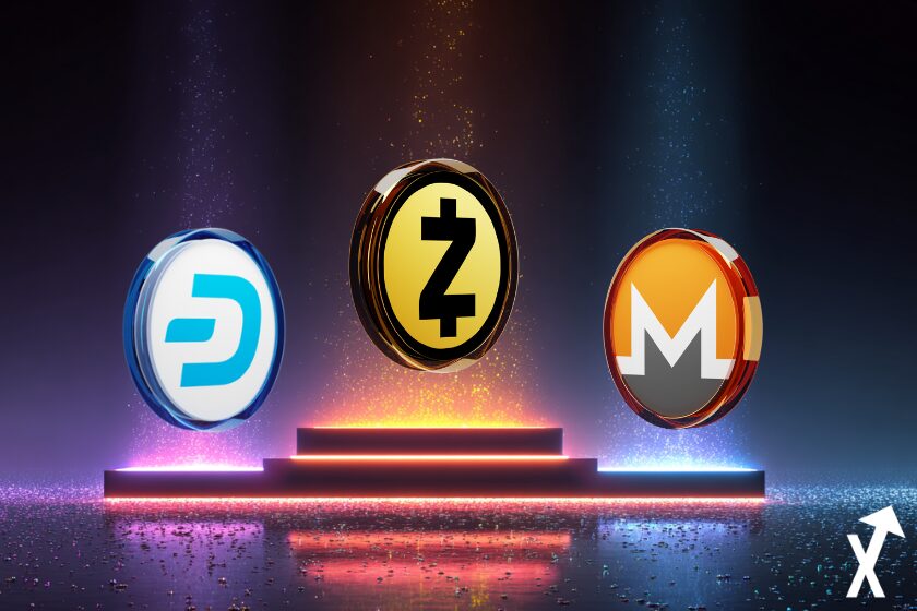 Cryptocurrency coins on colorful podium.