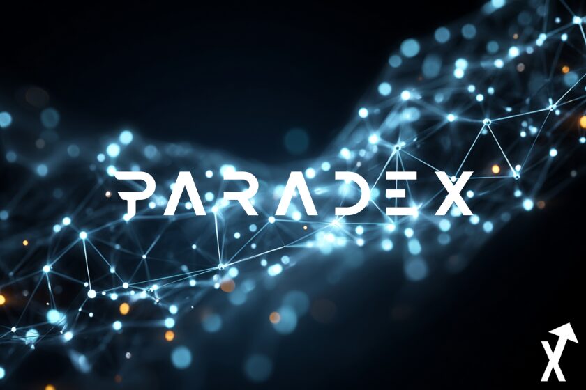 White Paradex logo on blue and white blockchain background luminous vibe