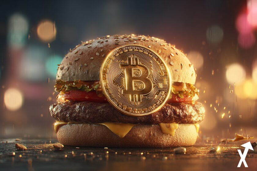 "McDonald's Big Mac with Bitcoin on bright city background"