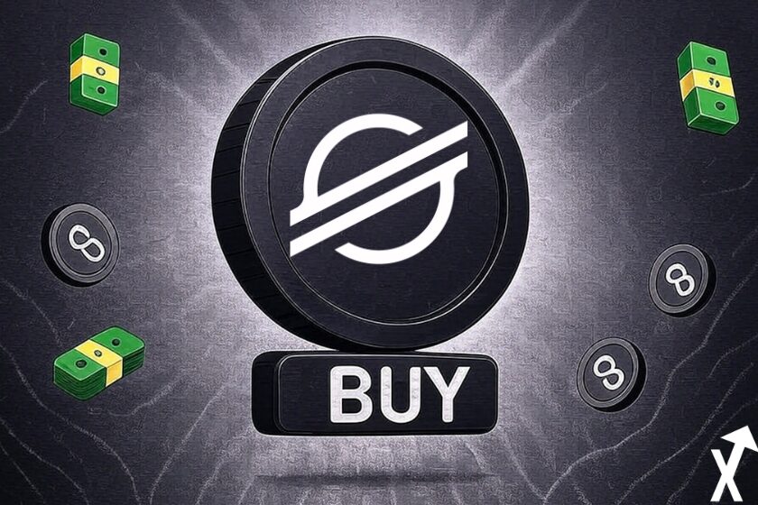 Black and white Stellar XLM coin with green banknotes on the sides.