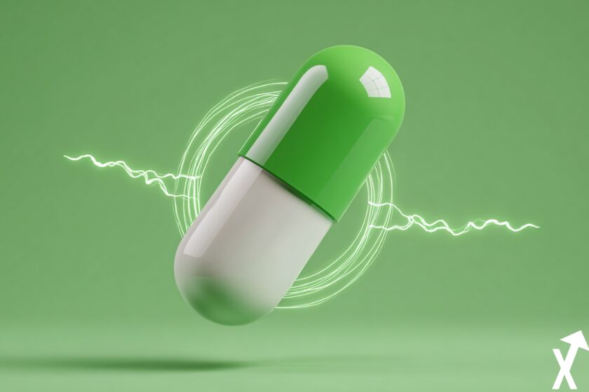 Green and white fun pill on bright white background.