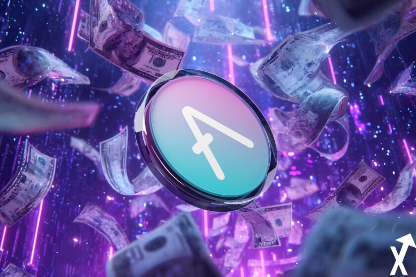 AAVE coin in blue violet, white, falling dollar bills background.
