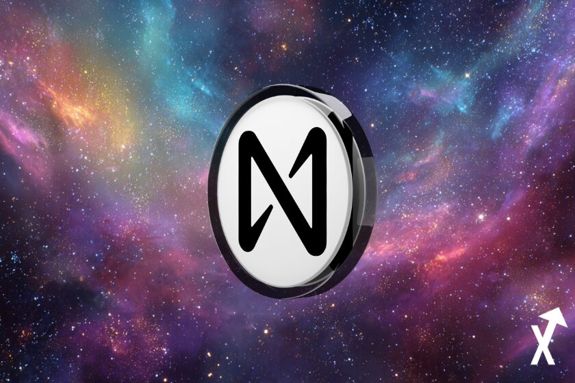 "Near Protocol coin on colorful starry solar system background"