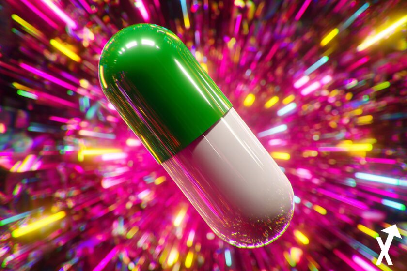 Green and white crypto pill on colorful explosion background.