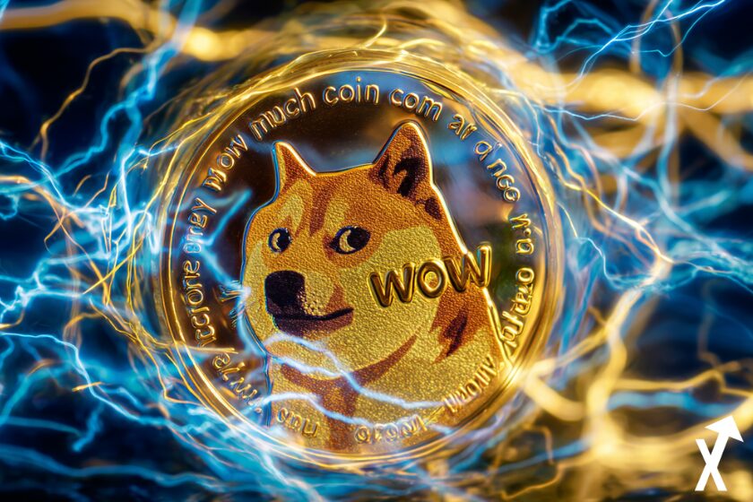 Golden electric dogecoin on melting blockchain background.