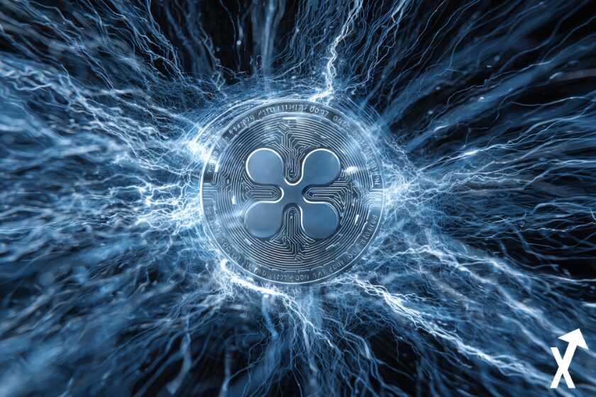 "Electric blue XRP coin on black background"