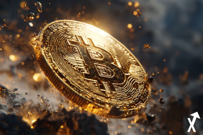 "Golden Bitcoin BTC token on black background and gold cryptocurrency"