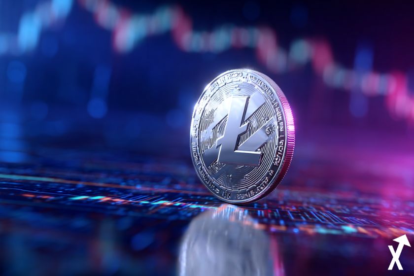 "Silver Litecoin LTC token on blue-purple trending chart background"