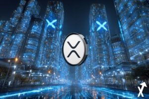 "Black and white XRP coin in futuristic city background with crypto vibe. Blue and black"
