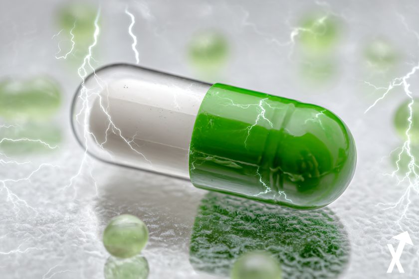Green and white capsule on electric background.