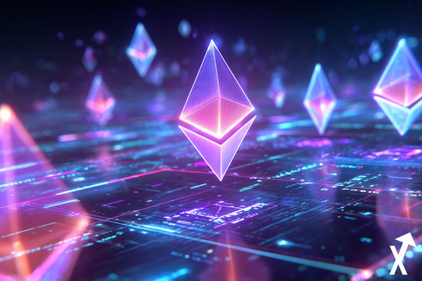 Ethereum logo on futuristic pink background.