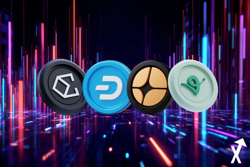 Cryptocurrency icons on bright digital background.
