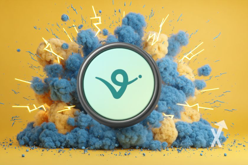 Virtual coin on blue explosion, yellow background.