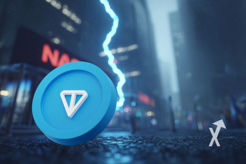 "Toncoin's TON corner with NASDAQ building in background on street with blue lightning coming from sky"
