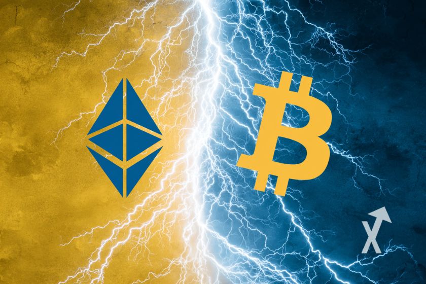Yellow and blue Ethereum and Bitcoin icon with lightning between.