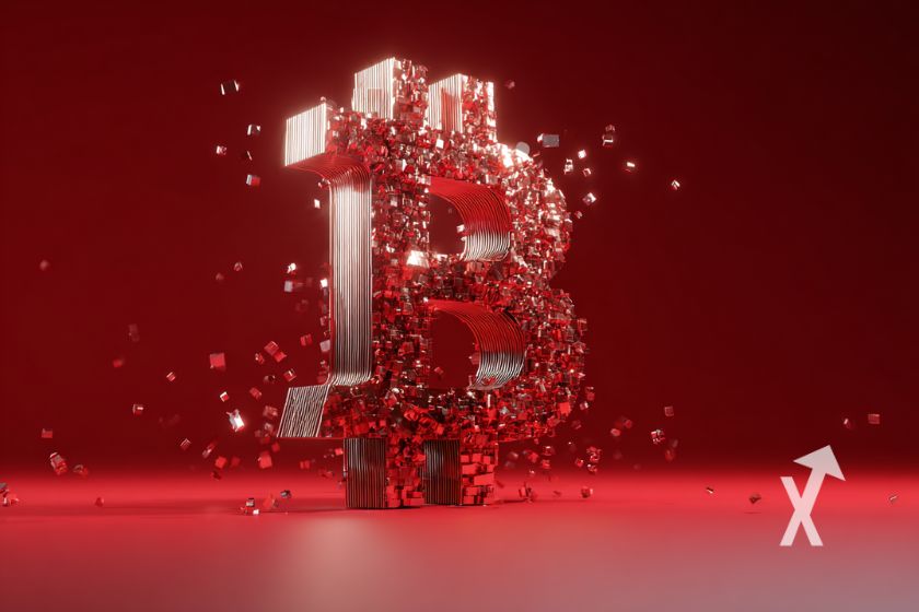 Decomposing red Bitcoin logo on red background.