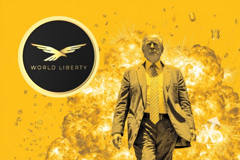 Donald Trump explodes with WLFI Coin token on yellow background.
