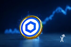 Chainlink LINK coin on blue background.