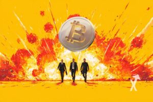Three men in black suits with Bitcoin logo on yellow background and exploding gray 3D corner.