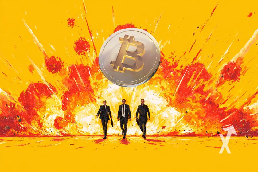 Three men in black suits with Bitcoin logo on yellow background and exploding gray 3D corner.
