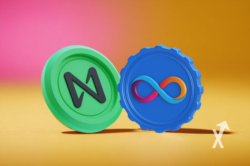 Coin next to Internet Computer ICP on yellow and pink background.