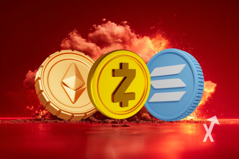 Zec, SOL, ETH coins on red background with red explosion.