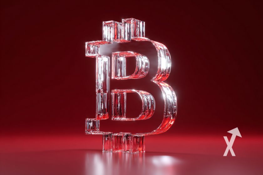 Transparent glass Bitcoin logo on red background.