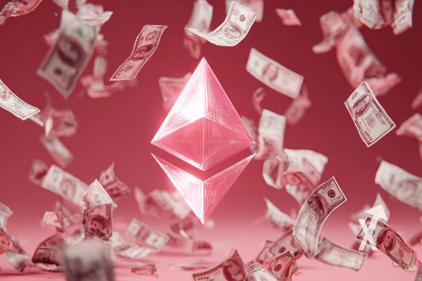 "Ethereum logo in pink on red background with flying dollar bills"