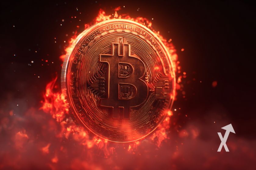 Bitcoin coin in flames on black and red background.