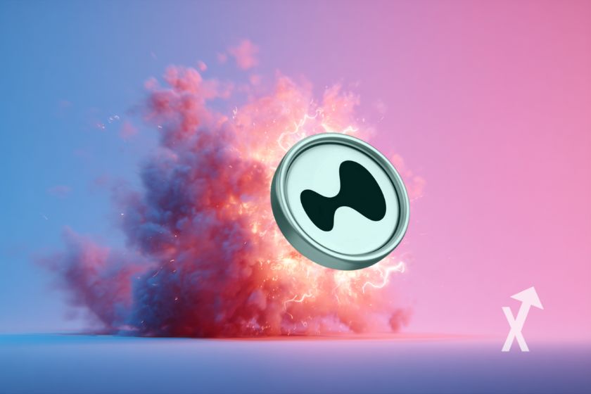 Pink and blue coin with explosion.