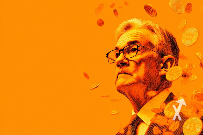 Jerome Powell on orange background with Bitcoins around his head.