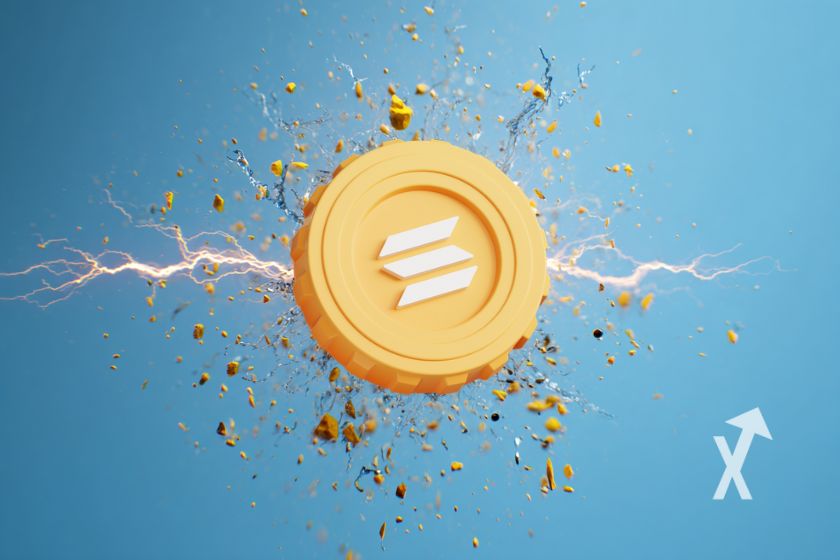 Yellow Solana coin amidst electric blue.