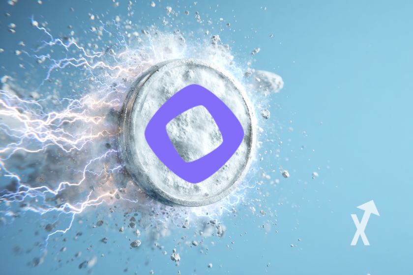 White MON coin on blue background with grey smoke and electricity.